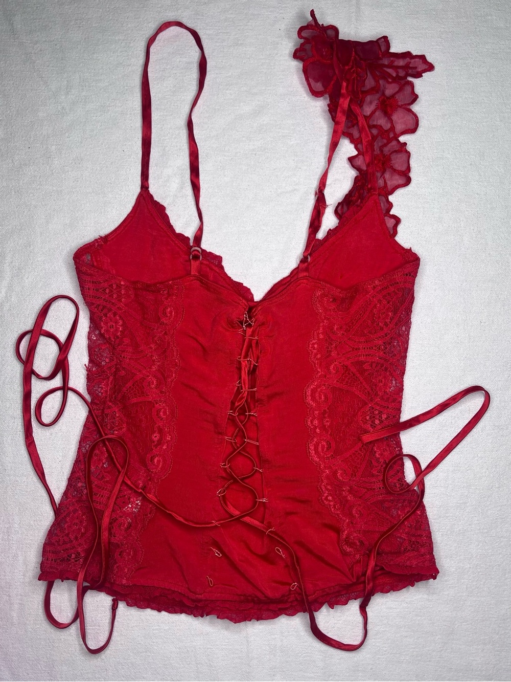 ✨ Vintage Y2K Bebe Asymmetrical 3D Floral Lace-Up Corset Bustier Top - Rio Red - Picture 3 of 3